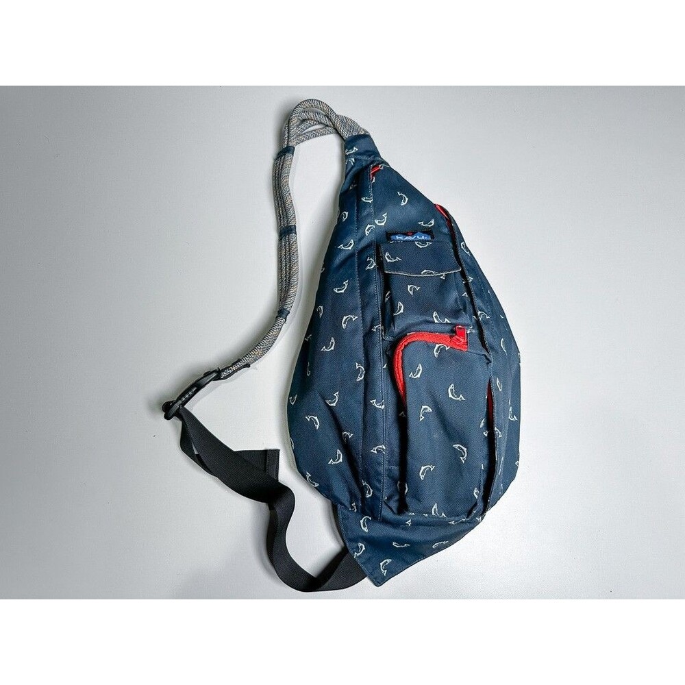 Kavu Rope Sling Bag Rare Fish Print Pockets Navy with Red Canvas Hiking Everyday